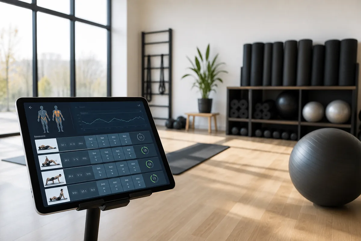 Écran d’une application de musculation affichant séries, charges et temps de repos