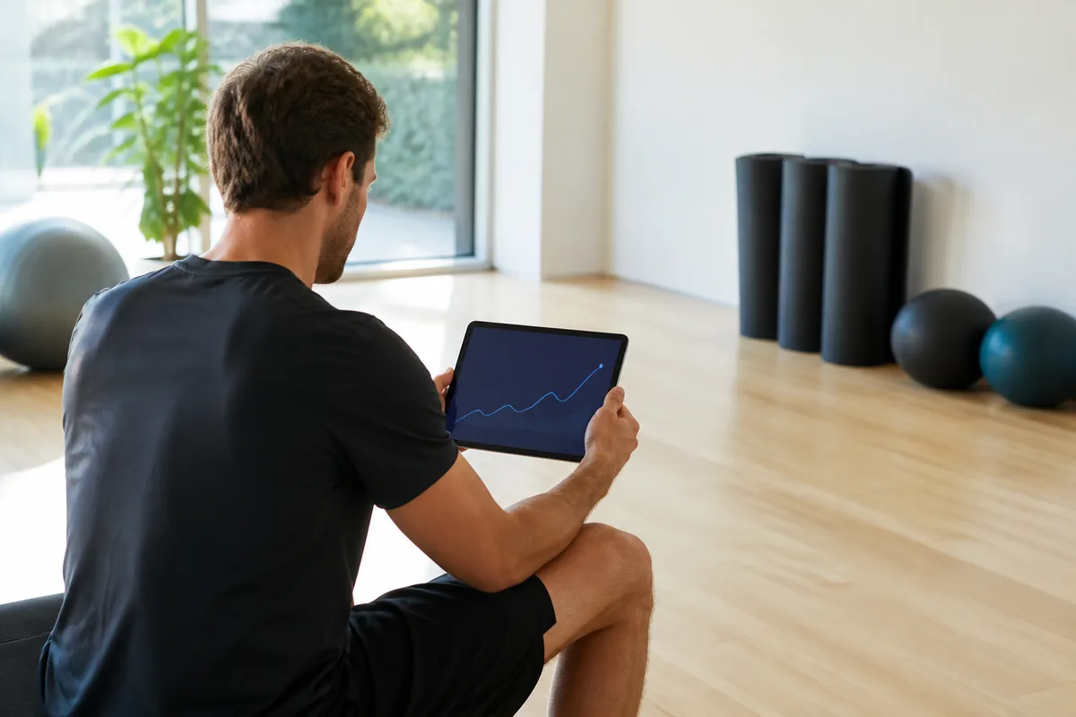 Pratiquant consultant sa courbe de progression après une séance de musculation