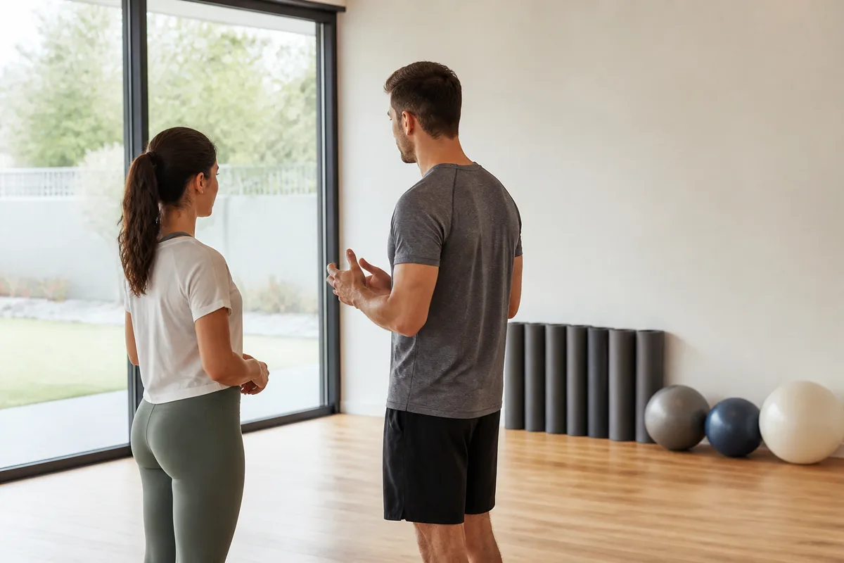 Pratiquant et coach sportif échangeant avant une première séance en extérieur