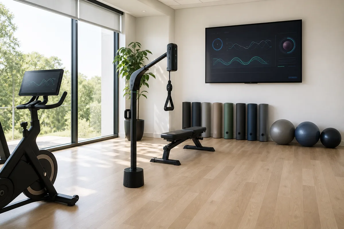 Salle de sport équipée de machines connectées et d&rsquo;un écran d&rsquo;affichage