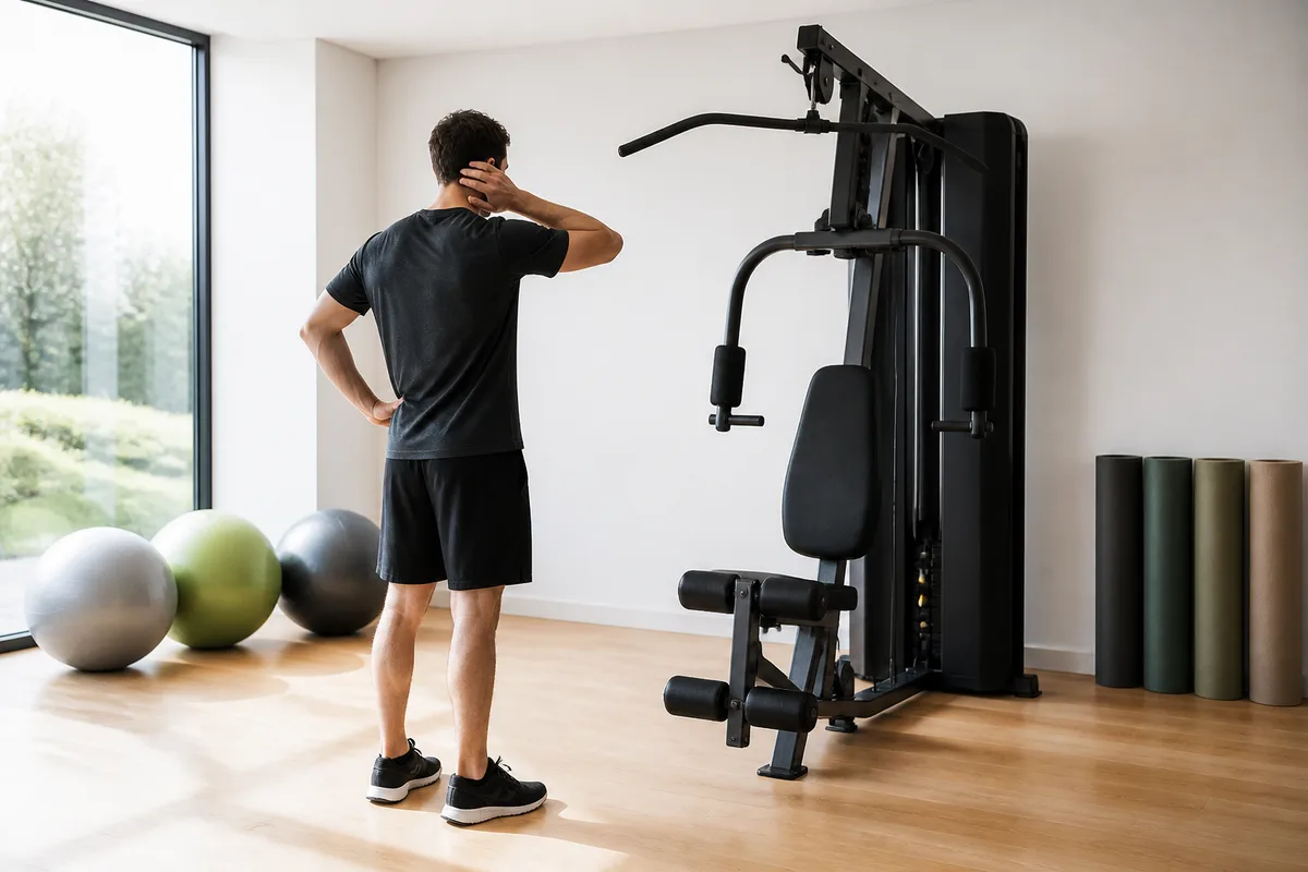 Pratiquant hésitant devant une machine en salle de sport