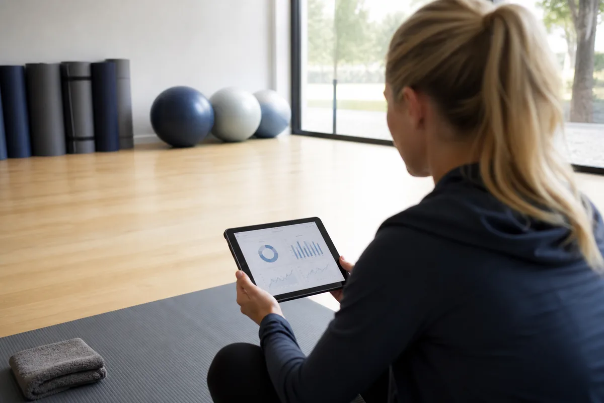 Coach consultant sur tablette les indicateurs d&rsquo;assiduité de ses clients